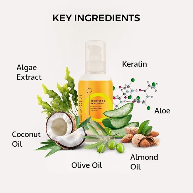 Perfect Hair Coconut Oil Hair Serum - Natural Hair Oil Infused with Raw Virgin Olive Oil, Sweet Almond and Keratin - Smoothing Hair Oil for Frizzy, Dry & Damaged Hair - 50ml (1 Pack)