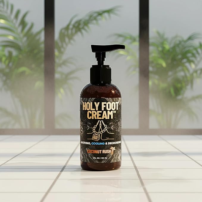 Derm Dude Holy Foot Cream for Dry Cracked Heels and Feet | Moisturizing Lotion Formulated w/All-Natural DeoPlex for Odor Control & Arrowroot for Deep Hydration - Coconut Rush Scent 4oz (1 pack)