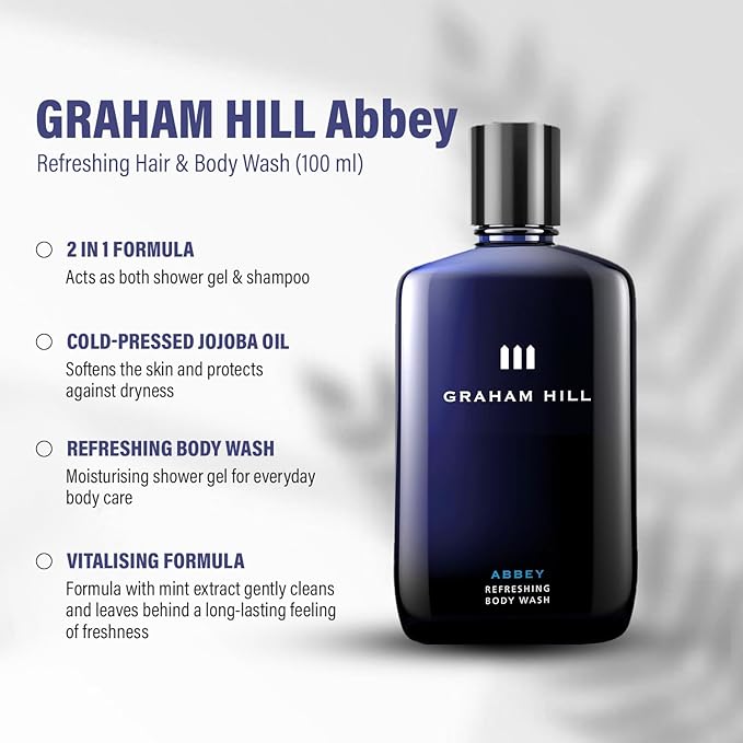 Graham Hill Abbey Refreshing 2 in 1 Hair & Body Wash, 100 ml Moisturizing Mens Shower Gel for Everyday Body Care and Sensitive Skin, Woody- Bergamot Scent, Mens Body Wash and Nurturing Shampoo