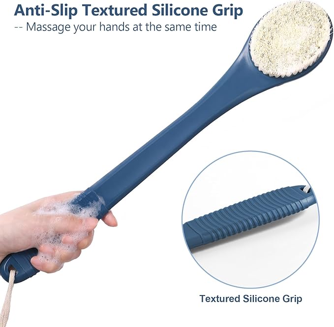 17-Inch Back Scrubber for Shower, Anti-Slip Exfoliating Body Brush for Bath, Gentle Back Brush for Shower for Men, and Women, Cleaning Skin for Smooth, Glowing Skin (Blue)
