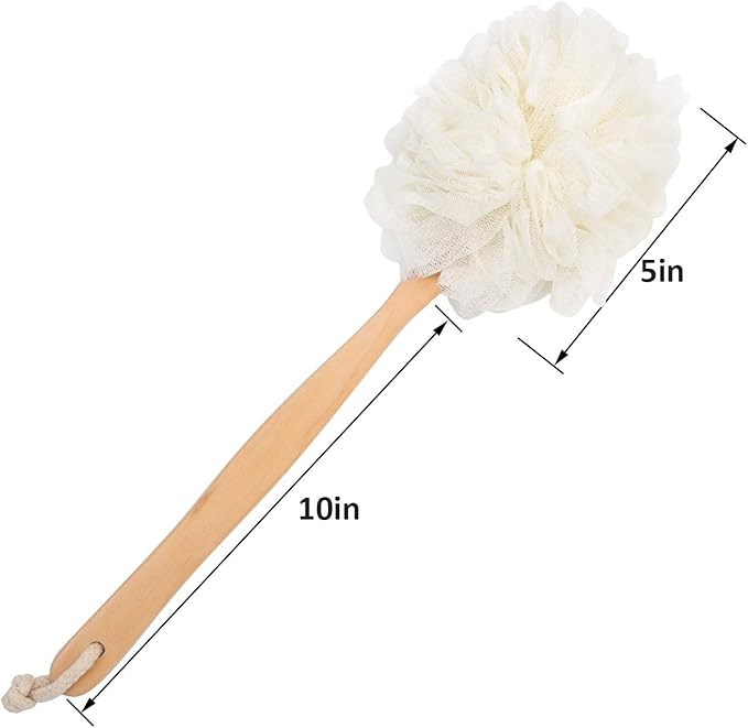 Loofah Back Scrubber for Shower, Wooden Long Handle Bath Sponge Lufa Shower Brush, Soft Nylon Mesh Back Cleaner Washer, Women & Men Exfoliating Luffa Pouf on a Stick for Body (White)