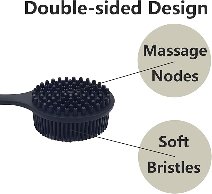Back Scrubber for Shower, Soft Silicone Back Shower Brush Bath Body Scrubber with Long Handle for Men Women (Black)