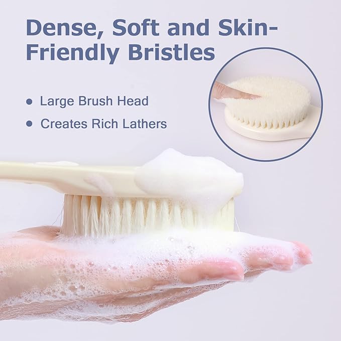 Body Back Scrubber – 17'' Long Handle Shower Brush, Anti-Mold Exfoliator for Dry & Wet Use, Deep Cleansing & Gentle Exfoliation for Smooth Skin – for Men, Women & Elderly (Cream White)