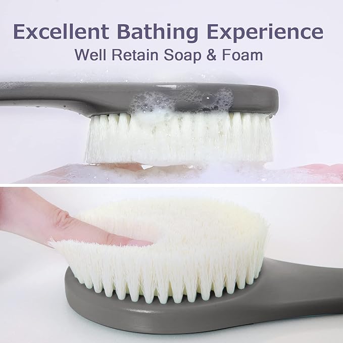 Bath Brush Long Handle for Shower, Soft Bristle Back Scrubber for Shower, Ergonomics Curved Long Handle Back Brush Exfoliating Body Scrubber with Hook and Lanyard-Grey