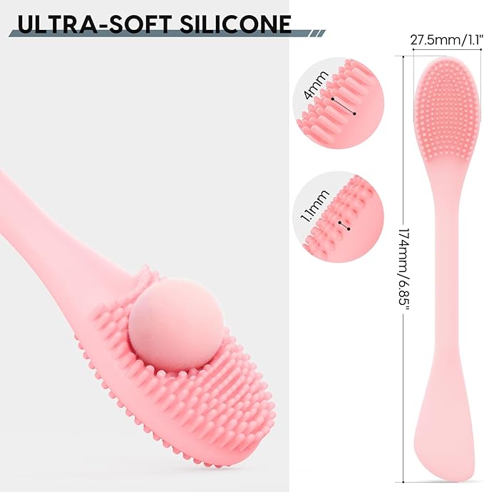 Silicone Facial Cleansing Brush - 2PC Double Ended Exfoliator for Deep Pore Cleaning, Blackhead Removal & Makeup Application - Soft, Hygienic & Waterproof Face Scrubber Massager（Pink + Blue）