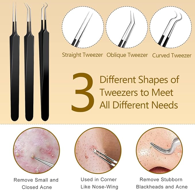10pcs Pimple Popper Tool Kit Stainless Steel Blackhead Remover Tool Comedones Extractor for Forehead Facial Nose Lightweight Acne Needle Tool with Metal Case for Travel Home Use