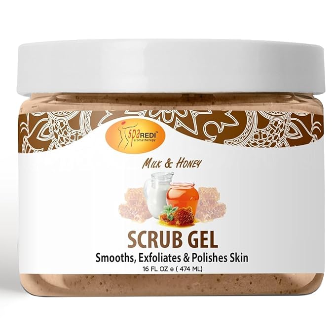 SPA REDI – Exfoliating Scrub Pumice Gel, Milk and Honey, 16 Oz - Manicure, Pedicure and Body Exfoliator Infused with Hyaluronic Acid, Amino Acids, Panthenol and Comfrey Extract