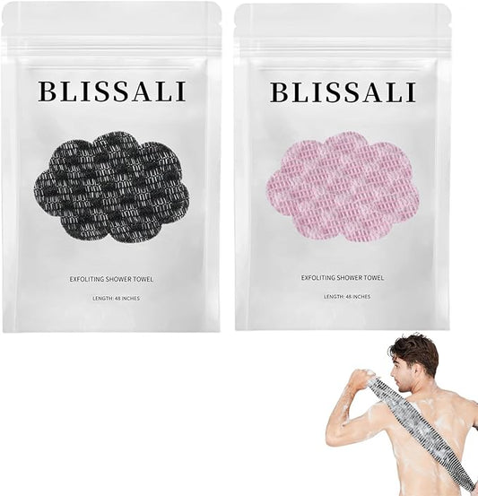 Blissal Exfoliating Shower Towel 47",Premium Scrub Wash Cloth for Body Face,Blissal Shower Towel for Smooth Skin,2-in-1 Exfoliating Washcloth-Body Scrubber with 2 Sides for All Skin Types (Black+Pink)