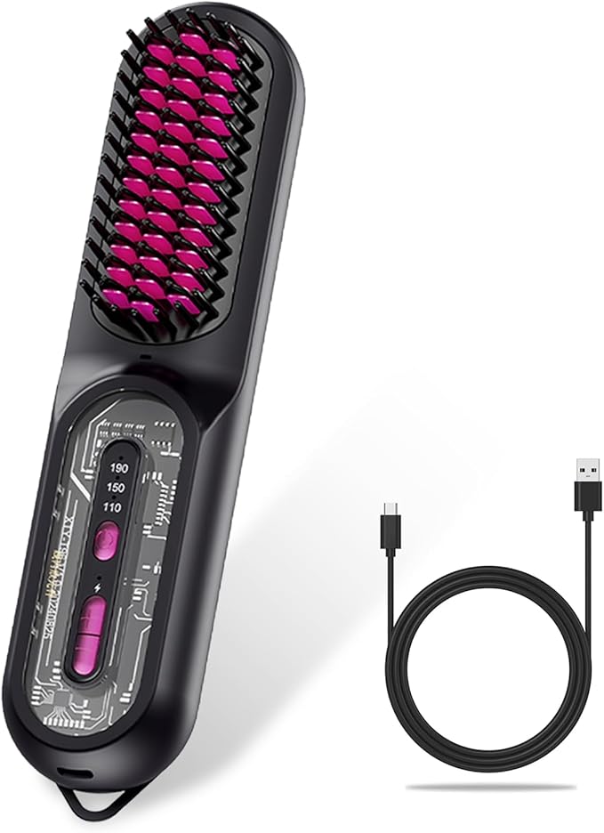 Travel Brush for Women, Portable Cordless Hair Straightener Brush, Mini Hair Straightener with 9600mAh Battery, Fast Charging & 100M Negative Ions - Cordless Portable Styler for On-The-Go (Black)