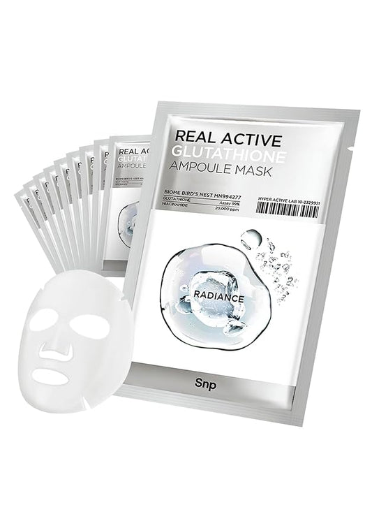 SNP Real Active Glutathione Ampoule Sheet Mask | Vegan Face Mask with Glutathione & Niacinamide | Revitalizing and Balancing for All Skin Types | Korean Face Masks Skincare | 10 Sheets