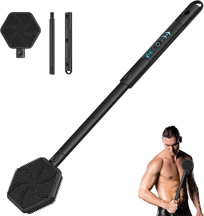 Back Scrubber for Shower, 24in Adjustable Handle Body Brush, Double Sided Shower Brush for Shower Exfoliating and Massage Can Produce Rich Foam, Long Handle Back Scrubber for Men（Hexagon）