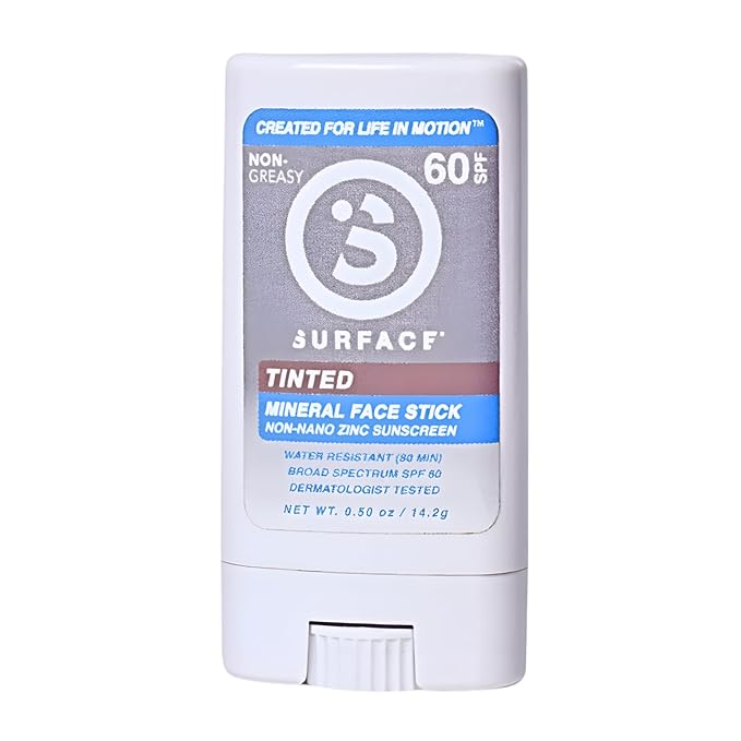 Surface Mineral Sunscreen Face Stick SPF 60, Lightweight Non-Nano Zinc Oxide Formula, Reef Friendly, Broad Spectrum UVA UVB Protection, Water Resistant Sun Care for 80 Minutes, Tinted, 0.5oz
