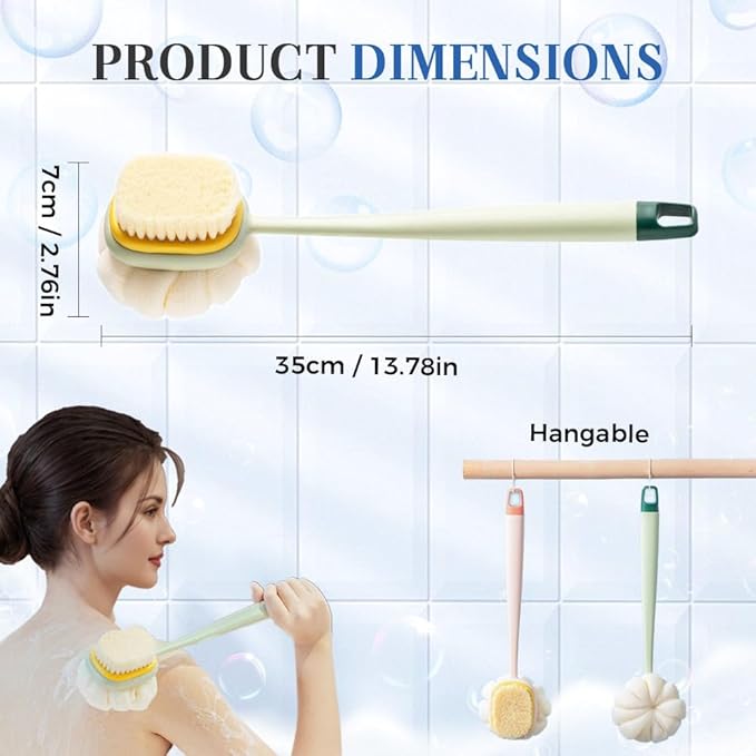 2-in-1 Bath Scrubber Back Brush,2025 New Shower Body Brush with Bristles and Loofah,Double-Sided Bath Back Scrubber with Long Handle for Women, Men, The Elderly (Pink A+Green A)