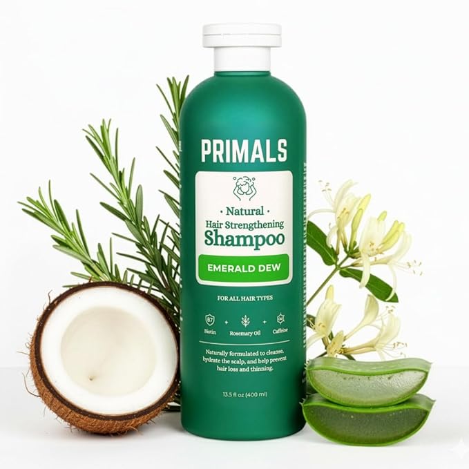 PRIMALS Hair Strengthening Shampoo - Caffiene, Biotin, Raw Honey, Rosemary Oil - Anti Hair Thinning - Natural Ingredients - Zero Artificial Fragrances, Sulfates, Parabens, or Dyes - 13.5 Fl Oz