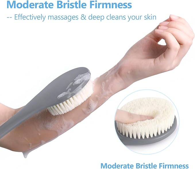 17-Inch Back Scrubber for Shower, Anti-Slip Exfoliating Body Brush for Bath, Gentle Back Brush for Shower for Men, and Women, Cleaning Skin for Smooth, Glowing Skin (Grey)