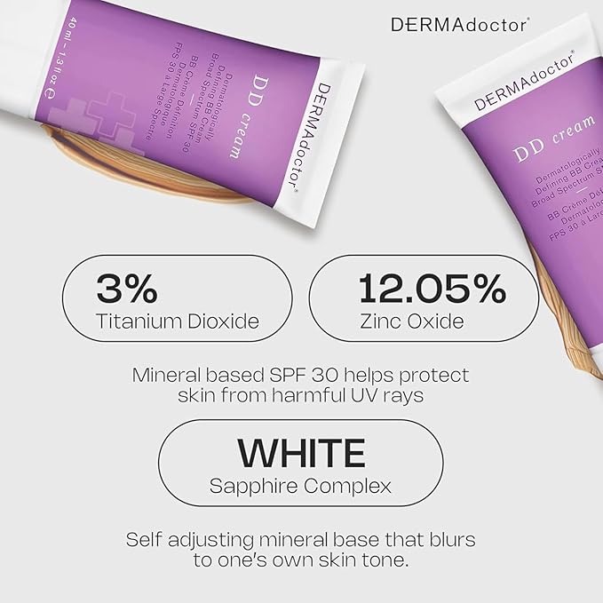 DERMAdoctor Tinted Moisturizer with SPF 30, Mineral DD Cream, Universal Tint Primer, Hydrating Face Moisturizer with SPF, Lightweight Sheer Coverage Broad-Spectrum Zinc Oxide Sunscreen, All Skin Types
