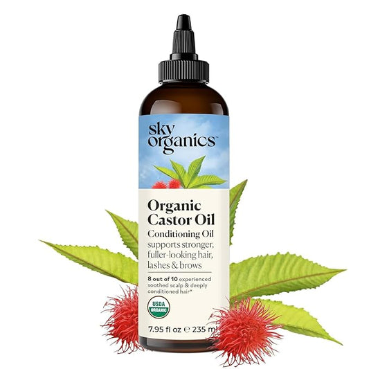 Sky Organics Castor Oil - USDA Certified Organic Hair Oil for Hair Growth, Skin, Face, Eyelashes - Cold Pressed & Hexane Free - Pure Organic Castor Oil Pack Wrap - Carrier & Hair Treatment Oil