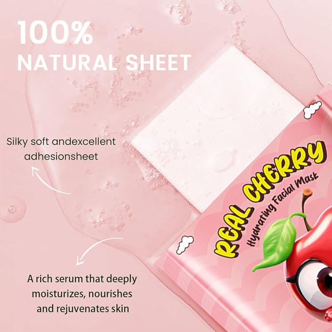 8 PCS Real Hydrating Nature Face Masks Skincare, Hyaluronic Acid, Vitamin C and E, Chamomile, Korean Beauty Essence Facial Paper Sheet Mask for Skin Care Moisturizing (Cherry)