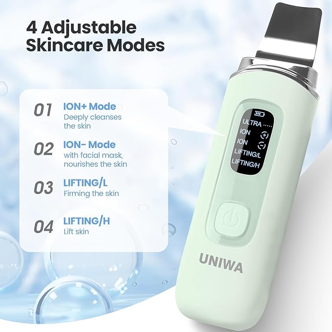 UNIWA Skin Scrubber Face Spatula, Skin Scrubber Pore Cleaner Blackhead Remover Tool for Deep Facial Cleansing - 4 Modes, Face Spatula with USB Charger, LCD Display, IPX7 Waterproof -Green
