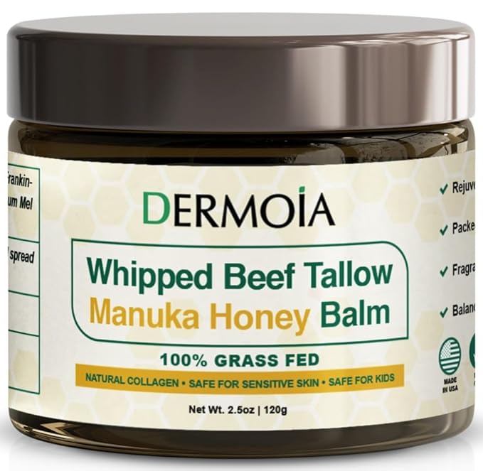 Grass Fed Whipped Beef Tallow for Skin with Manuka Honey - Silky Smooth, Fast Absorbing Tallow & Honey Balm - Ideal for Kids & Eczema Prone Area - Whipped Moisturizer for Dry & Sensitive Skin