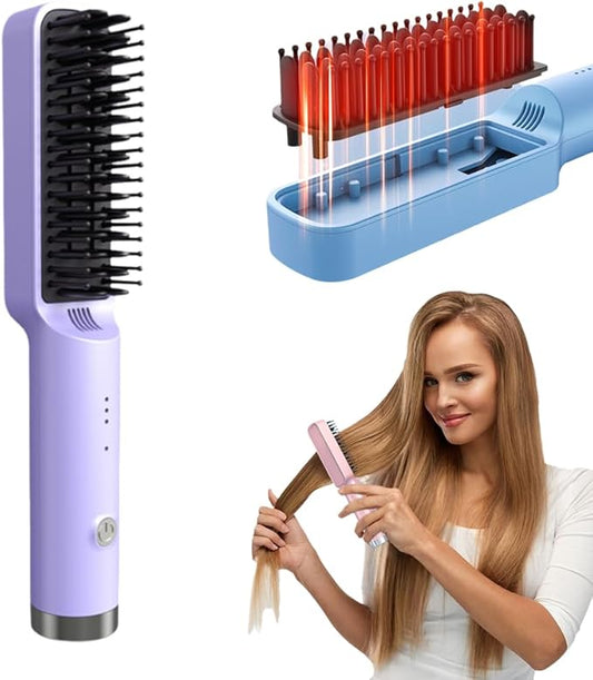 Cordless Hair Straightener Brush, Portable Mini Hair Straightening Comb with 3 Temperature Options, Fast Heating Travel Hair Straightener for Women (Purple)