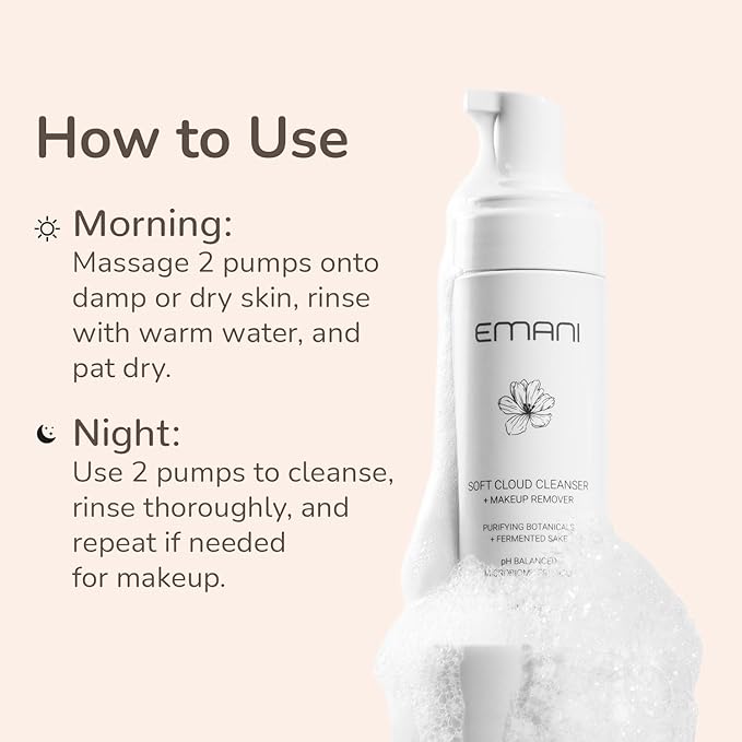 Emani Soft Cloud Foam Cleanser, All-in-One Sensitive Skin Face Wash, All Skin Types + Fragrance-Free Makeup - Sunscreen Remover, SLS-FREE, Plant-Based, pH Balancing, 150ml