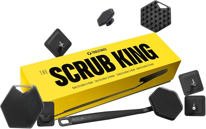 TOOLETRIES Get Your Grooming Together Pack - Shower Grooming Kit for Men with Silicone Body, Back, Face, and Beard Scrubbers, Body Wash, No-Fog Mirror, Shower Organizer and Drink Holder