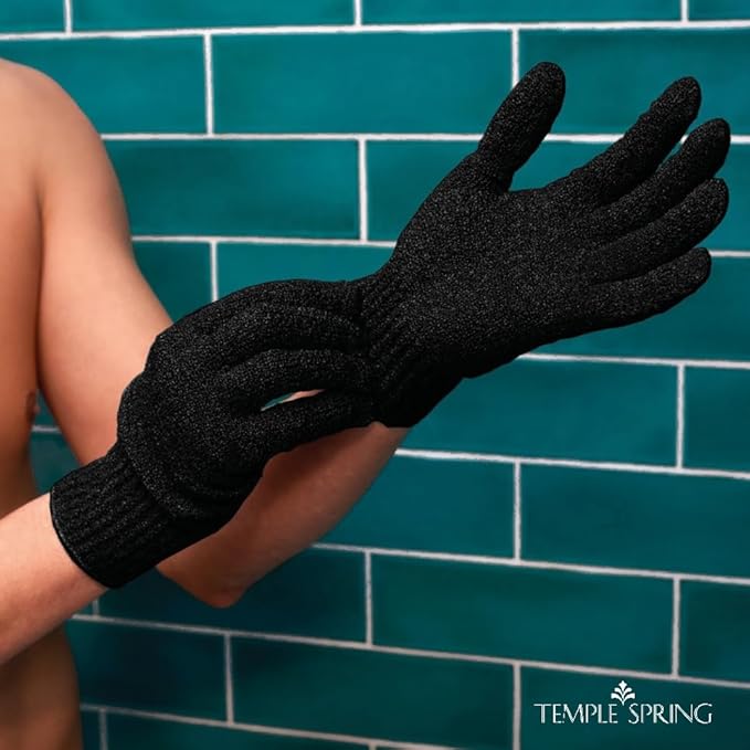 Temple Spring Exfoliating Glove, Rayon Bamboo Exfoliating Body Scrubber, Loofah Washcloth, Exfoliate Loofa Shower Scrubber, Body Exfoliator Scrub, Shower Loofah Bath Sponge - Black XL