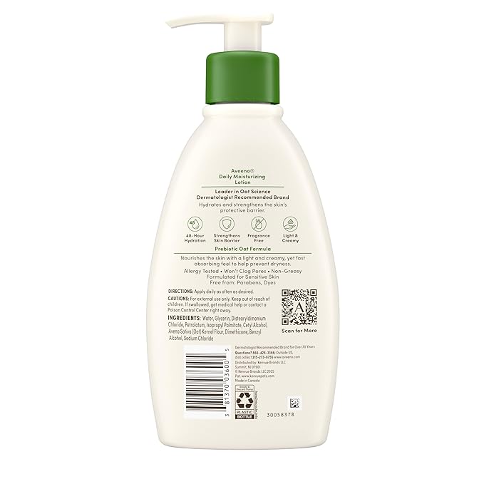 Aveeno Daily Moisturizing Body Lotion with Soothing Prebiotic Oat, Gentle Lotion Nourishes Dry Skin With Moisture, Paraben-, Dye- & Fragrance-Free, Non-Greasy & Non-Comedogenic, 12 fl. Oz