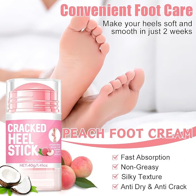 2PCS Foot Cream Set – 60% Urea Foot Cream & Peach Scent Heel Balm Stick – Exfoliating & Moisturizing Foot Care Duo for Dry Cracked Heels & Feet, 1.41oz Each