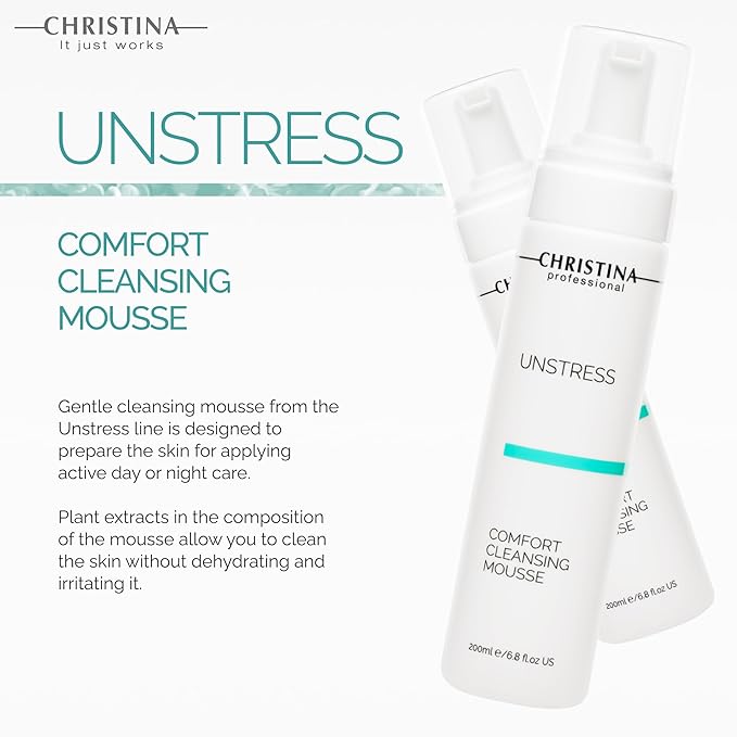 -CHRISTINA- Unstress Comfort Cleansing Mousse | Cleanser for Face with Gentle Formula with Green Tea Extract & Vitamin B5 | Suitable for All Skin Types, 24-Hour Care 200ml