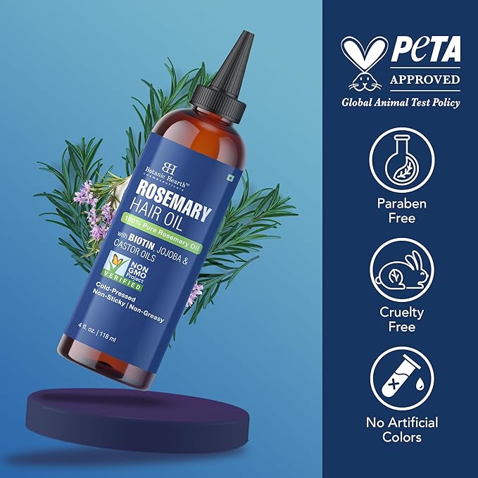 Botanic Hearth 100% Pure Rosemary Oil For Hair Growth | Infused with Biotin, Jojoba & Castor Oil |Hair Oil Repairs Dry Damaged Hair, Strengthening, Healthier - Hair Tonic, 4 fl oz