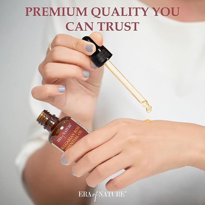 Era of Nature Bulgarian Rose Essential Oil - 100% Pure Rose Oil for Skincare, Hair, Diffusers & DIY Projects. Rich, Skin Care Body, Face and Stretch Marks Removal Cleanser, Perfume Oil - 1oz