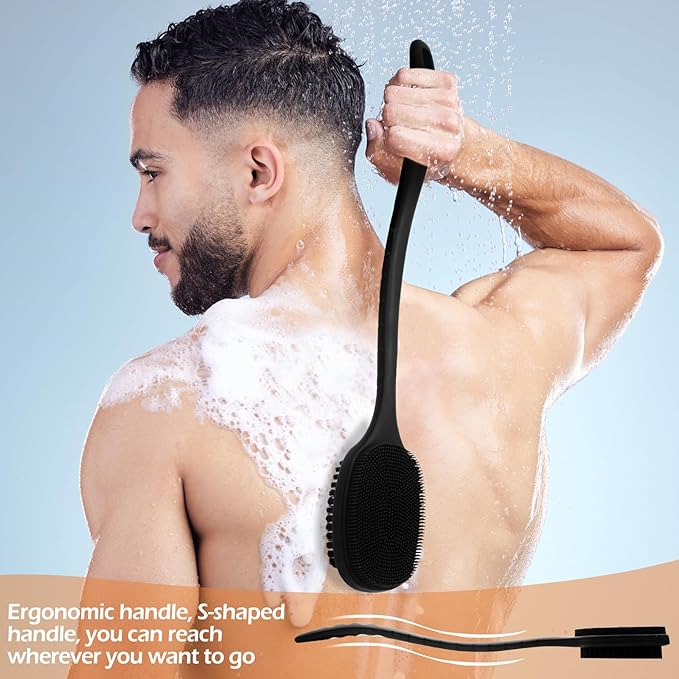 Back Scrubber for Shower, New Update Double Sided Body Scrub Brush Long Handle with Soft Silicone Bristles and Stiff Nylon Bristles for Shower Exfoliating and Massage Can Produce More Rich Foam