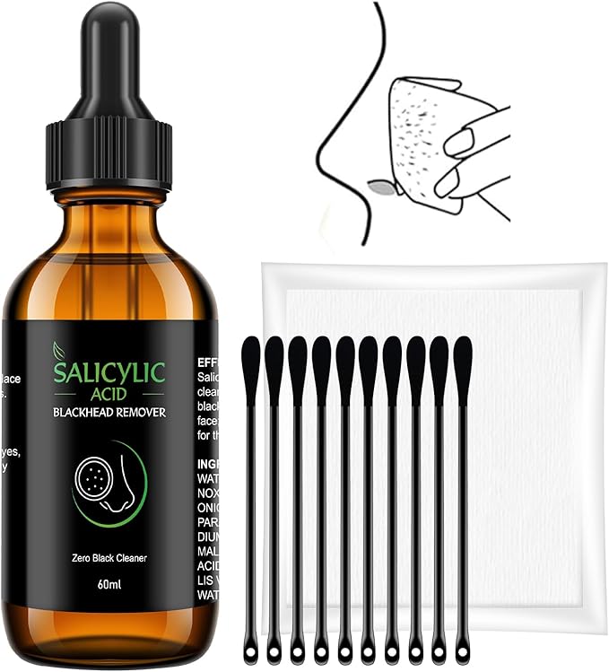 Salicylic Acid Serum, 60ml Blackhead Remover Essence and 25 Pcs Nose Pore Strips, Deep Cleansing Dirts, Pores, Skin Oil, Purifying Peeling, Black White Head Acne Removal for All Skin Type