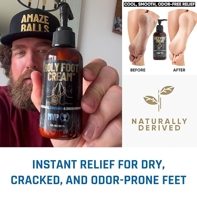 Derm Dude Holy Foot Cream for Dry Cracked Heels and Feet | Moisturizing Lotion Formulated w/All-Natural DeoPlex for Odor Control & Arrowroot for Deep Hydration - MVP Scent 4oz (1pack)