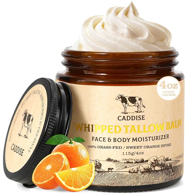 Whipped Beef Tallow for Skin–100% Grass-Fed Handmade Cream Moisturizer for Face & Body, Natural with Honey, Shea Butter, Jojoba Oil, Non-Greasy, Nourishing for Men, Women, Kids, 4 Oz (Sweet Orange)