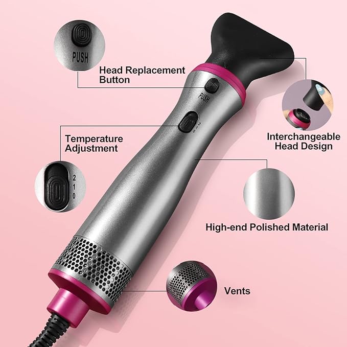 Hair Dryer Brush, Blow Dryer & Volumizer Styler Hot Air Brush, Negative Ionic Electric Hair Curler Straightener Brush, Detachable & Interchangeable Brush Head (Gray&Pink), BY-812