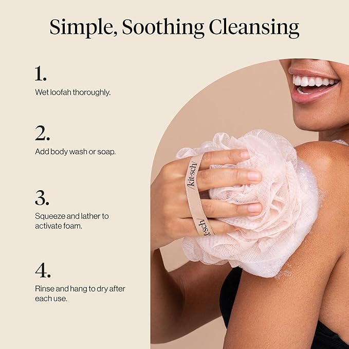 Kitsch Shower Loofah – Soft Mesh Body Scrubber & Bath Sponge for Daily Gentle Cleansing – Durable Loofah for Men and Women with Hanging Loop, Eco-Friendly, 100% PCR Material – 3pc Set, Ballet