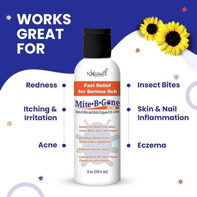 Mosquito Bite Itch Relief by Mite-B-Gone - Natural Sulfur Lotion to Stop Insect Bite Itching, Skin Redness, Discomfort & Irritation | Safe for Kids & Adults| Fast & Effective for All Skin Types| 8 oz