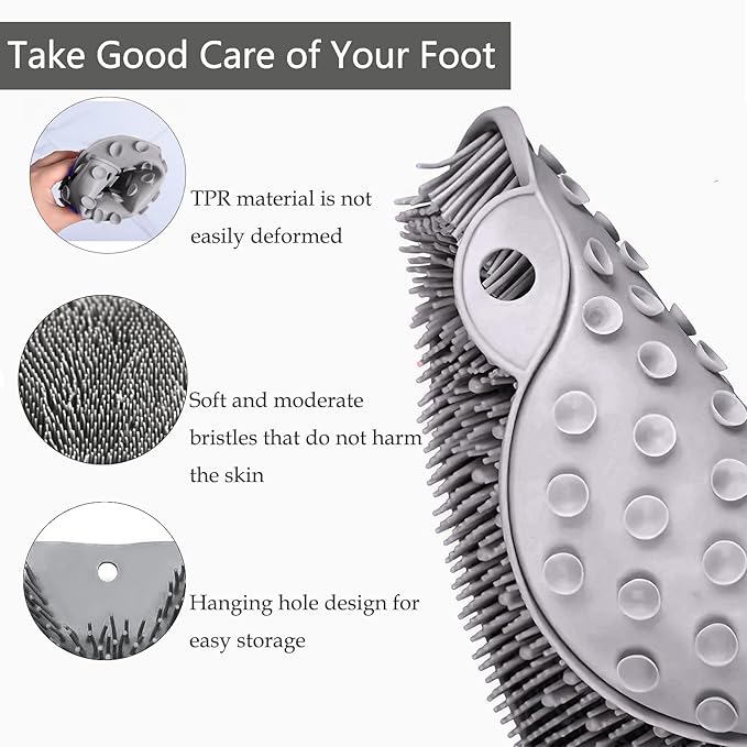Shower Foot and Back Scrubber Mat,Wall Mounted Shower Foot Scrubber with Suction Cups,Exfoliating Silicone Massage Foot Cleaner for Shower(Grey)