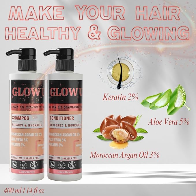 GLOW UP by Nurse Harvey's - Argan Oil Shampoo & Conditioner Set with Keratin & Aloe Vera, 14 fl oz Each – Repairs, Hydrates, Restores Shine – Sulfate Free, Paraben Free, Vegan & Cruelty Free