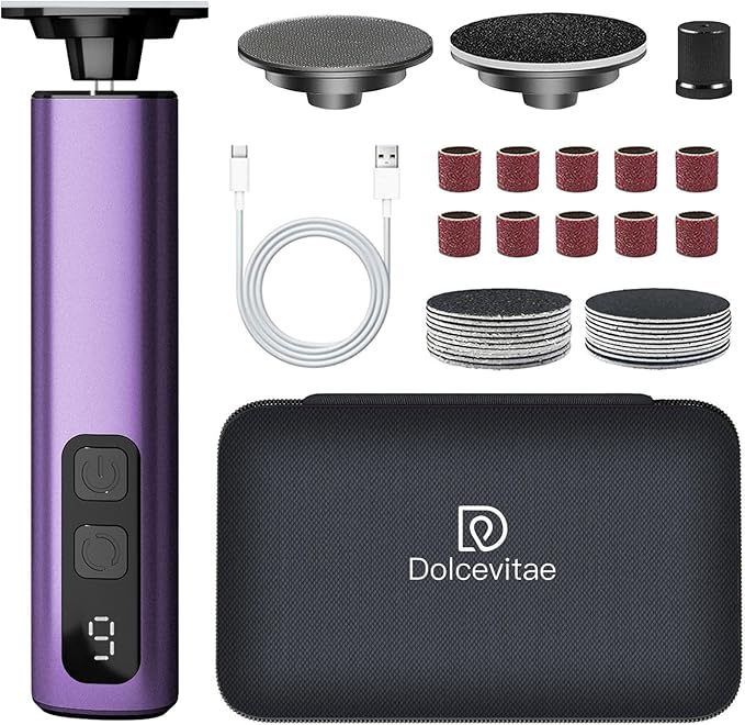 Electric Foot Callus Remover - 9-Speed with Glass Crystal Grinding Disc & Storage Box, 80/120 Grit Sandpapers (20pcs), 10 Nail Heads, Type-C Fast Charge for Dead Skin