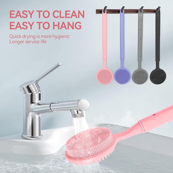 Back Scrubber for Shower, (16-24 Inch) Extendable Bath Brush Long Handle for Shower, Silicone Body Scrubber with Handle, Back Brush for Shower Men and Women,Easy to Clean (Pink)