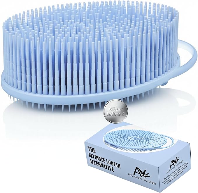 Silver Infused Exfoliating Body Scrubber - Textured Back Scrubber Shower Brush - Avilana Advanced Material Bath Tool Dual Sided - Gentle Smoothing Rough Skin - Premium Gift Women Men
