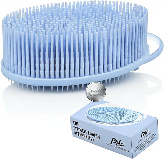Silver Infused Exfoliating Body Scrubber - Textured Back Scrubber Shower Brush - Avilana Advanced Material Bath Tool Dual Sided - Gentle Smoothing Rough Skin - Premium Gift Women Men