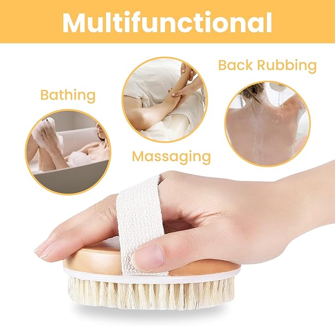 Dry Body Brush,Round Dry Exfoliating Brush Natural Bristle Bristle Exfoliation,Lymphatic Drainage,Lymphatic Brush,Cellulite,Blood Circulation