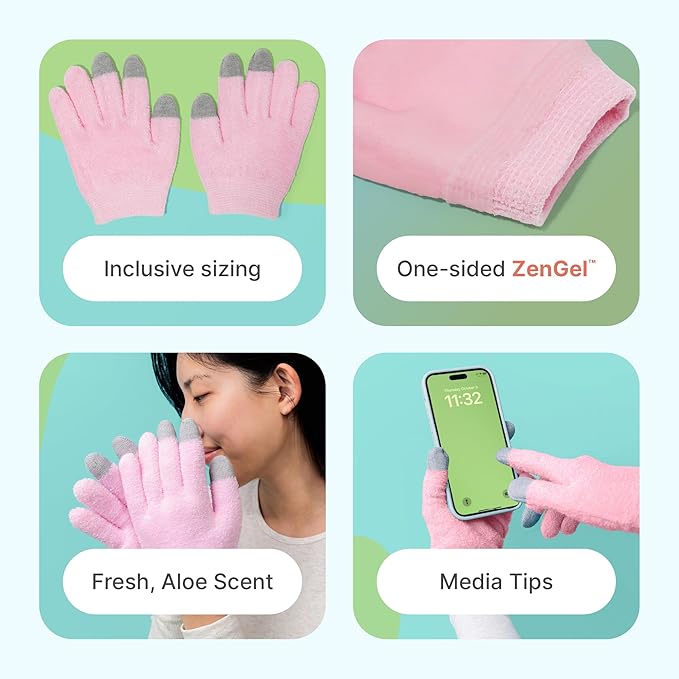 ZenToes Moisturizing Gloves for Dry Hands, Gel Infused with Jojoba Seed Oil, Olive Oil and Vitamin E, Overnight Hand Moisturizer (OSFM, Fuzzy Pink with Media Tips)