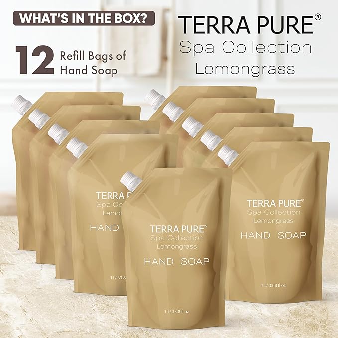 Terra Pure Spa Collection 1 Liter Hand Wash Refill Bag For Soap Dispensers | Bulk Toiletries for Vacation Rentals, and Home Bathroom Showers | Green Tea Lemongrass | Set of 12