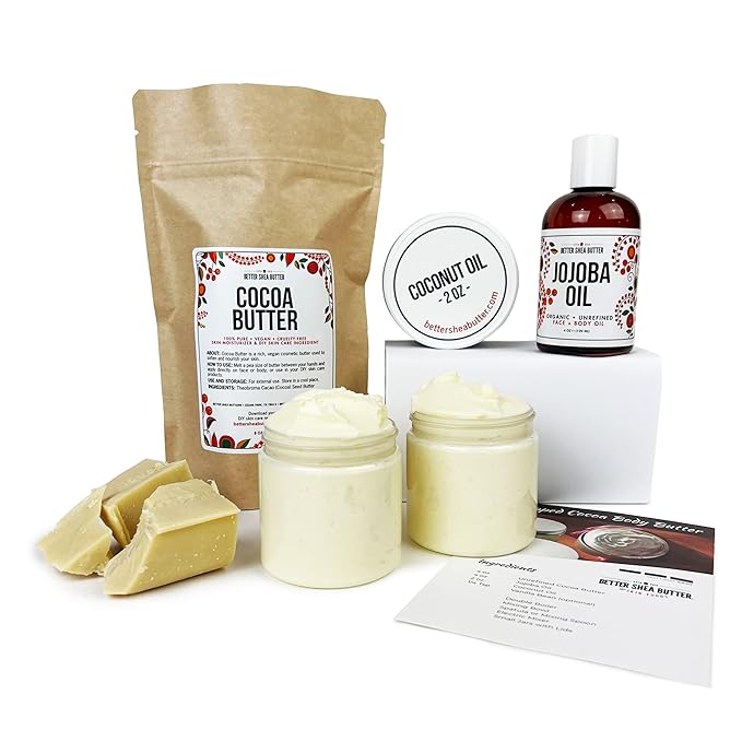 Better Shea Butter Cocoa Body Butter Making Kit - Includes Unrefined Cocoa Butter, Jojoba Oil, Coconut Oil, 2 Jars and Recipes Card with Link to Video Tutorial - Natural Whipped Body Lotion Making Kit